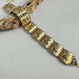 Vintage Peruvian Inca Sun God Panel Bracelet Gold Tone Hinged Link